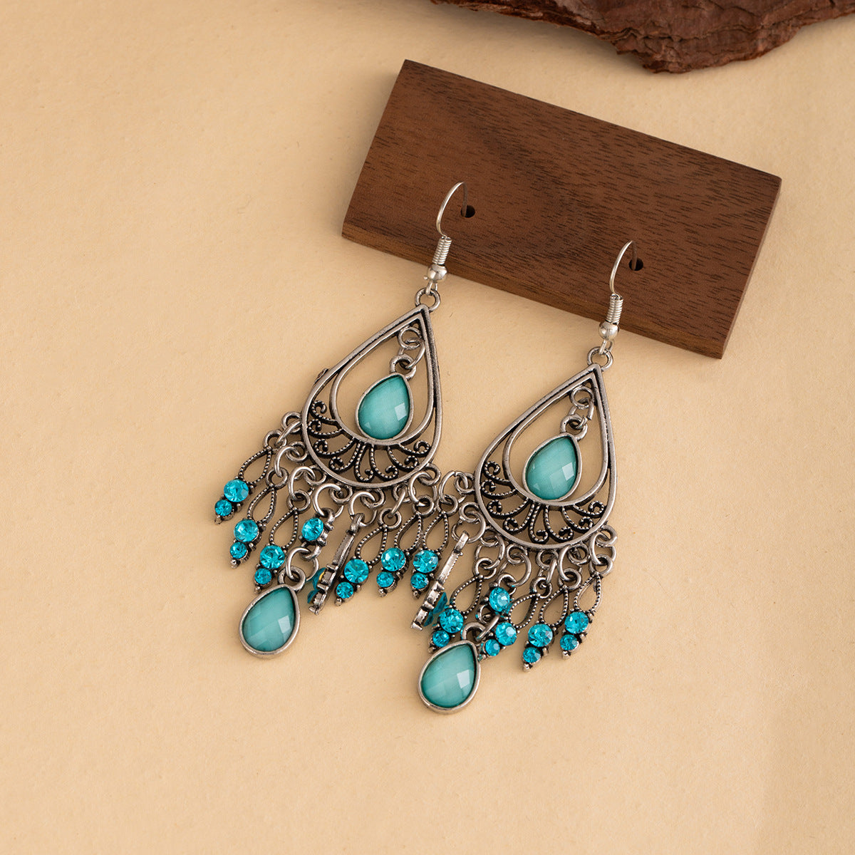 Wholesale Bohemian Retro Long Peacock Feather Diamond Tassel Earrings