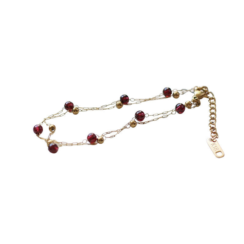 Wholesale Titanium Steel Gold Chain Wine Red Bead Necklace French Retro Style Fashion Jewelry Accessory For Gift Boutique Resale