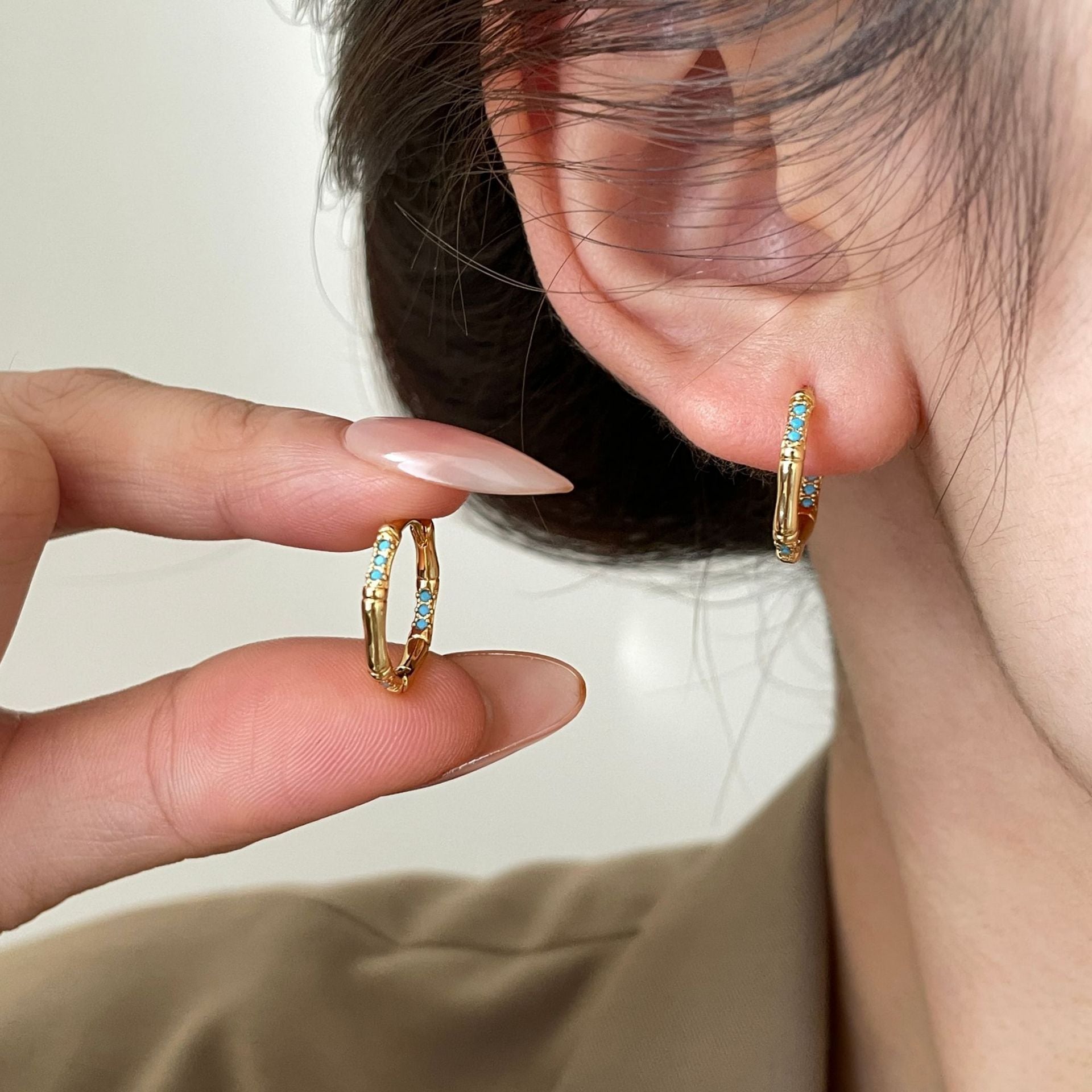 Wholesale  Style Turquoise Bamboo Earrings,  Niche Simple Hoops