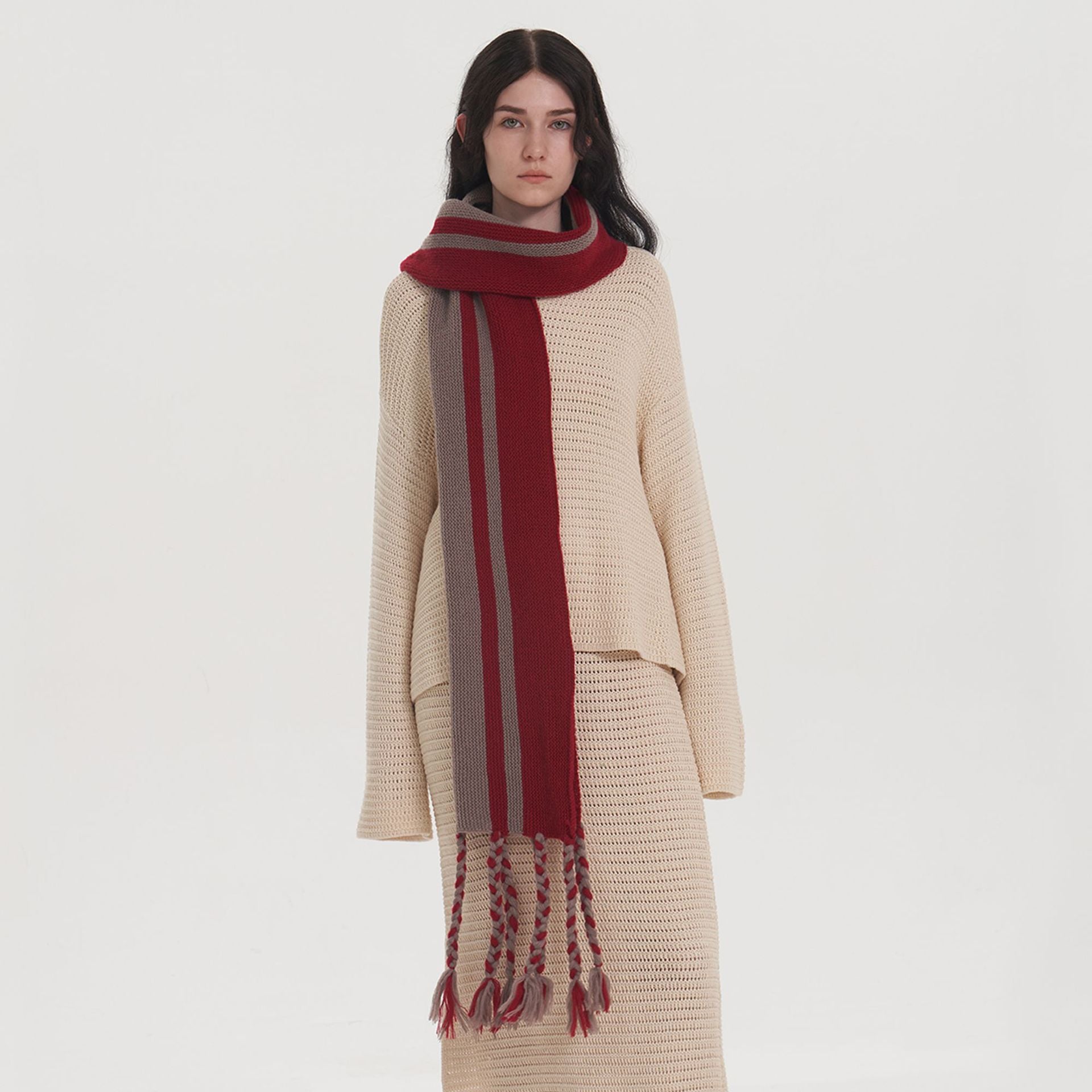 Wholesale Niche Geometric Striped Twist Tassel Knitted Scarf