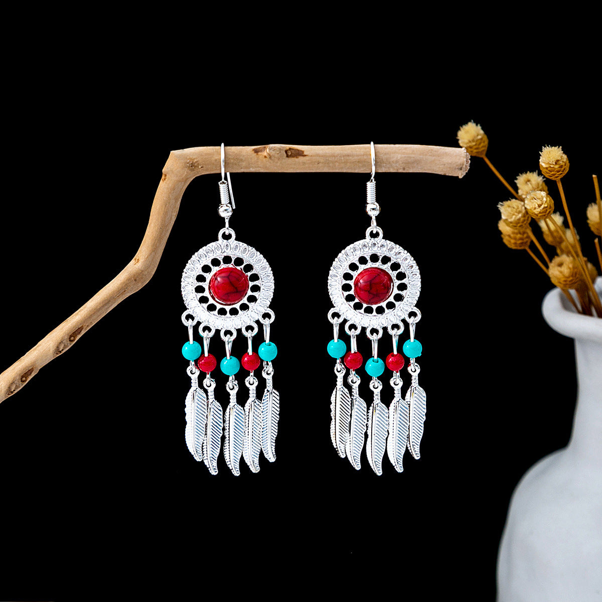 Wholesale Bohemian Ethnic Style Feather Tassel Alloy Earrings