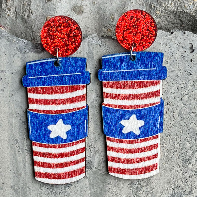 Wholesale 2 Pair/Pack Wooden Printed American Independence Day Donut Earrings