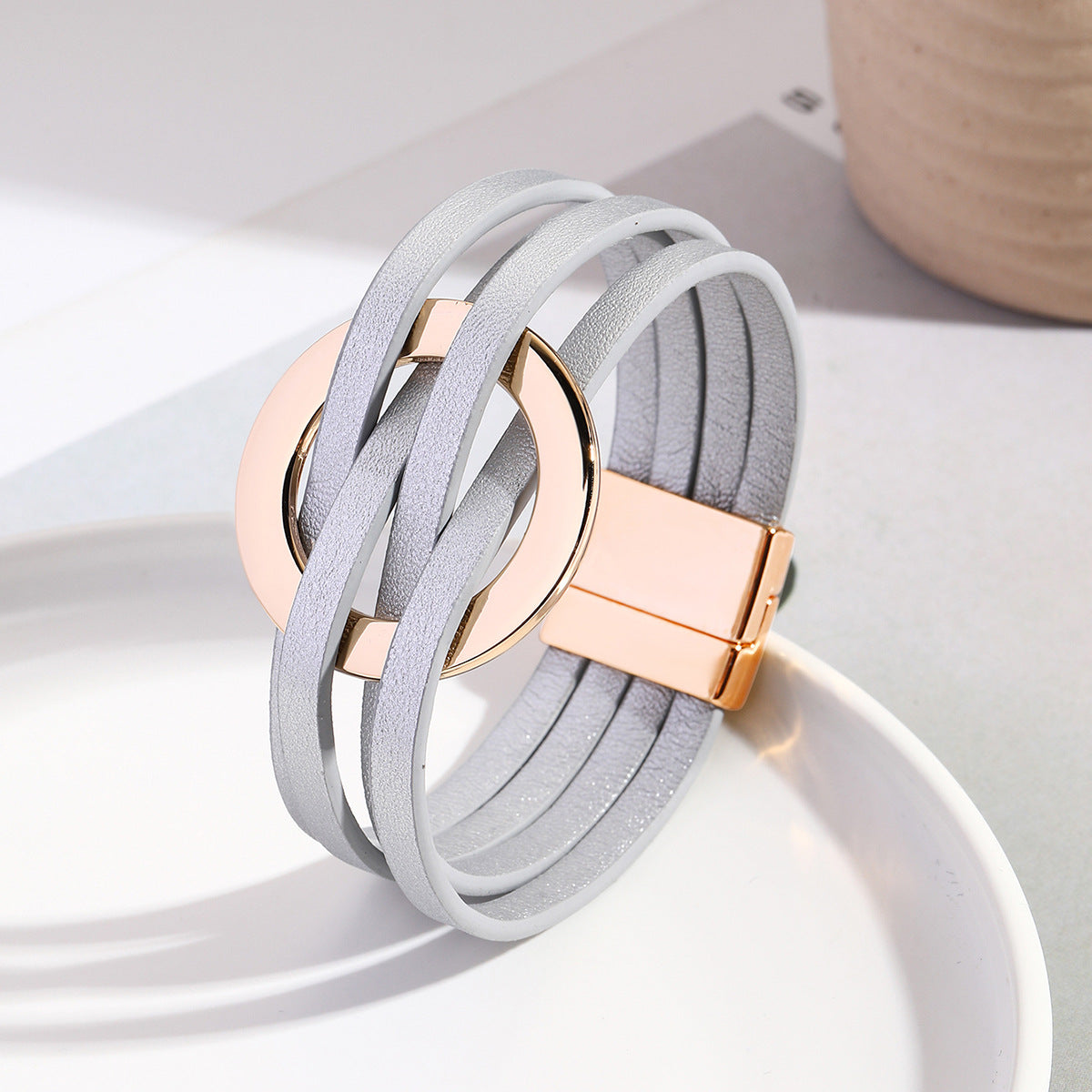 Wholesale Metal Leather Cross Women's Large Hoop Cuff Multi-layer Wristband Magnetic Clasp Bracelet