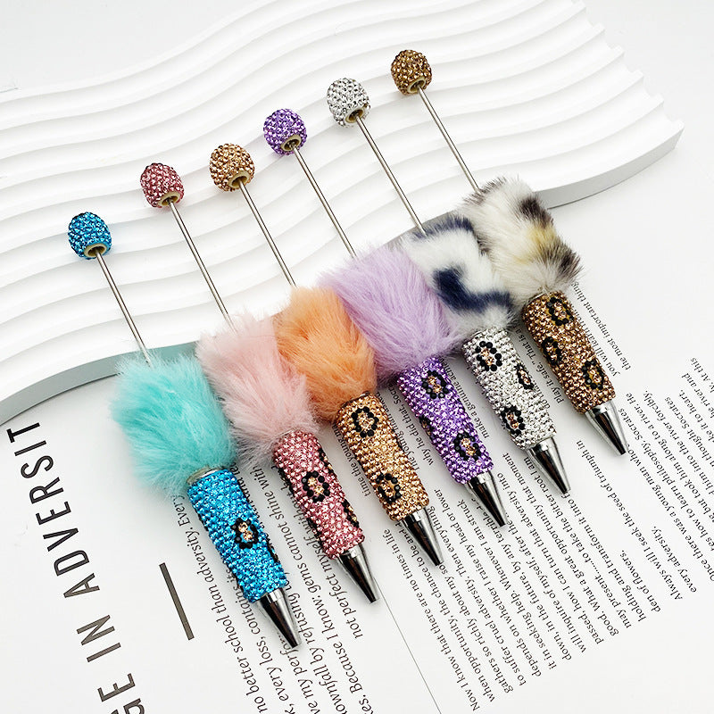 Wholesale Beadable Pen Plastic Creative Plush Ball Leopard Print Full Diamond DIY