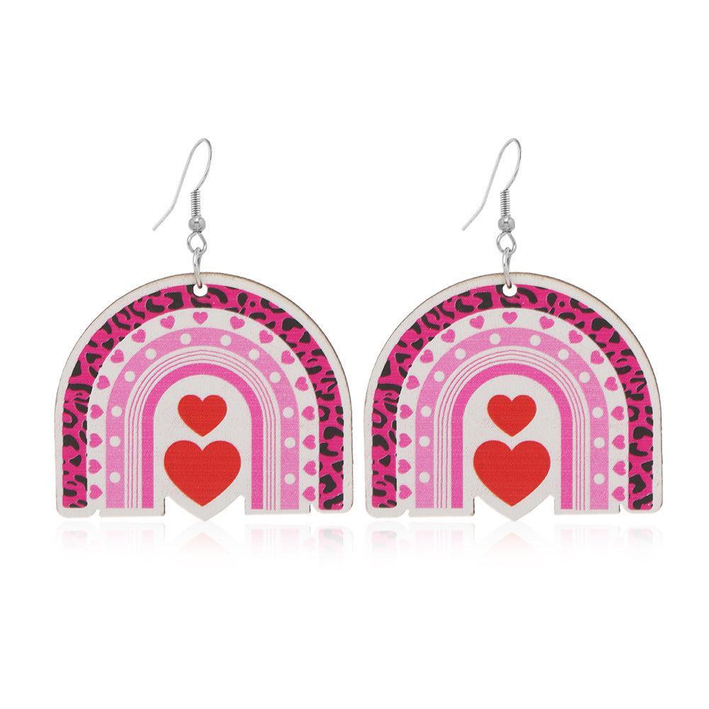 Wholesale Valentine's Day Pink Printed Love Heart-shaped Wooden Earrings
