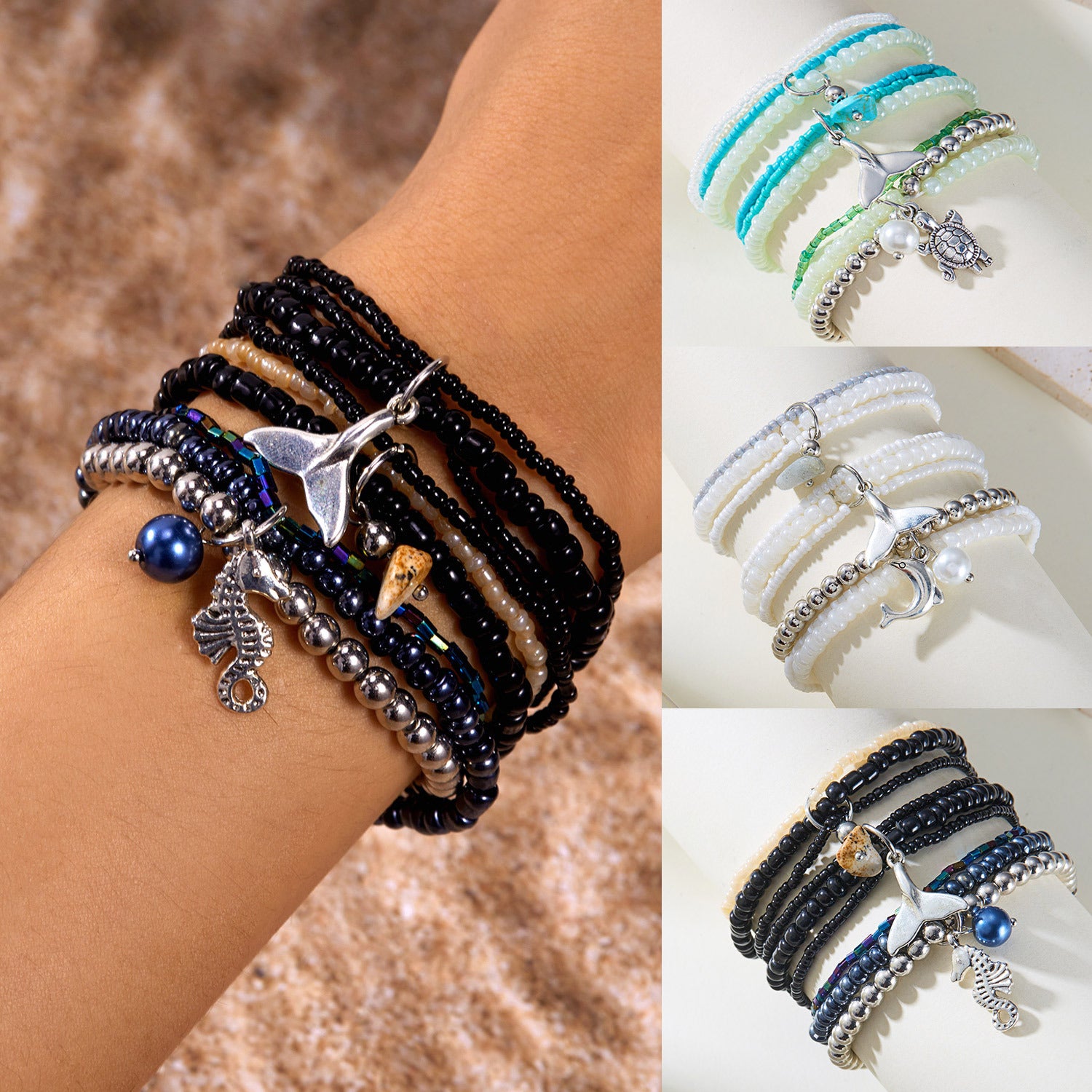 Wholesale Bohemian Ocean Shell Turtle Fishtail Rice Bead Bracelet Set