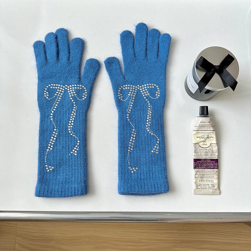 Wholesale Bright Diamond Bow Knit Long Touch Screen Warm Split Finger Gloves