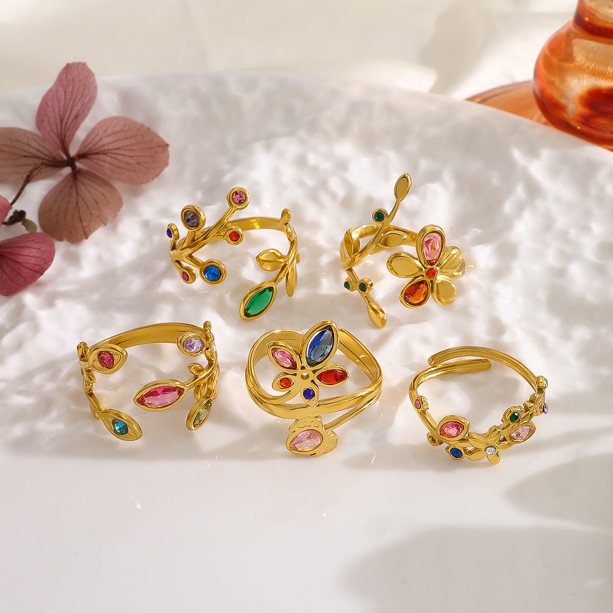 Wholesale rainbow zircon leaf ring women' s 18K gold titanium steel open ring