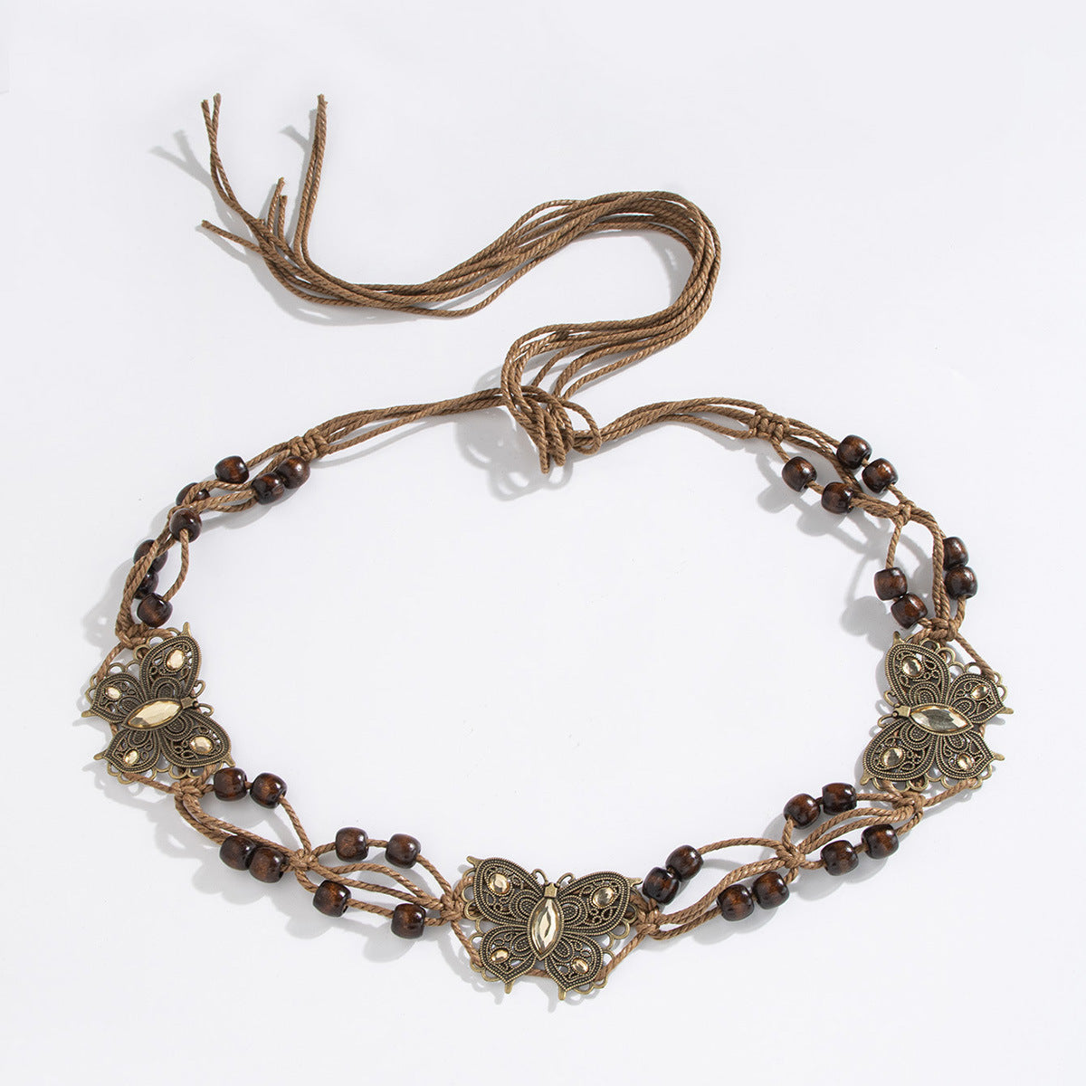 Wholesale Bohemian Butterfly Rhinestone Braided Handmade Wooden Bead Belt