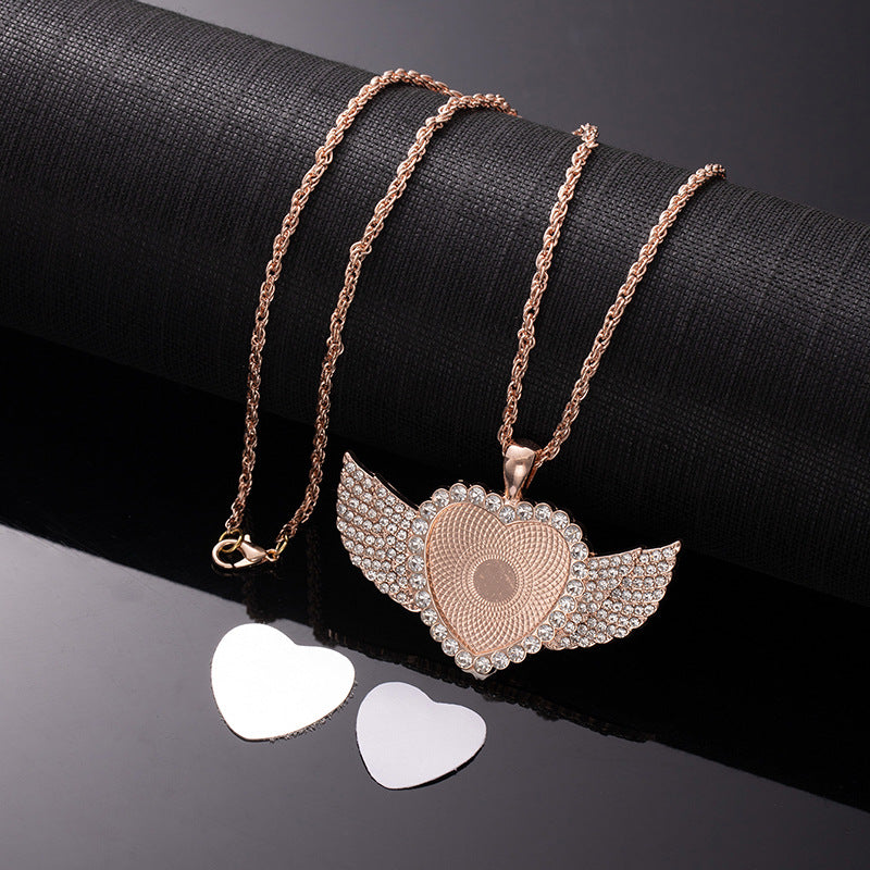 Wholesale Sublimation necklace angel wings necklace heart full diamond clavicle necklace