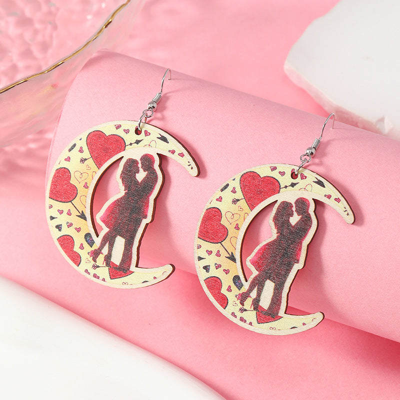 Wholesale Valentine's Day Rose Asymmetric Wooden Earrings