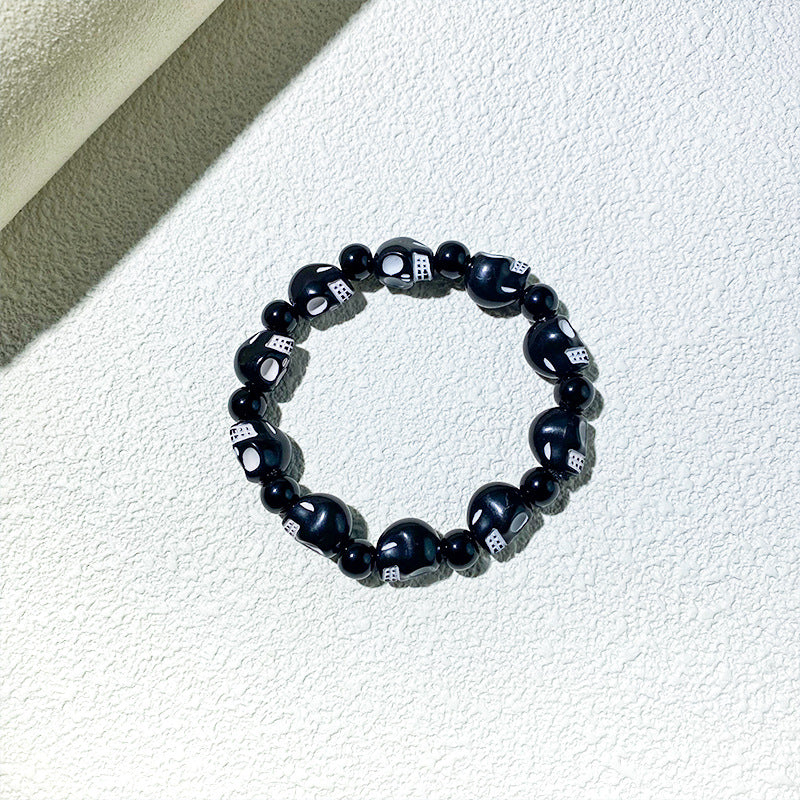 Wholesale Halloween  Black and White Skull Beaded Bracelet Unisex Hip Hop Punk Bracelet Diablo Vintage Bracelet