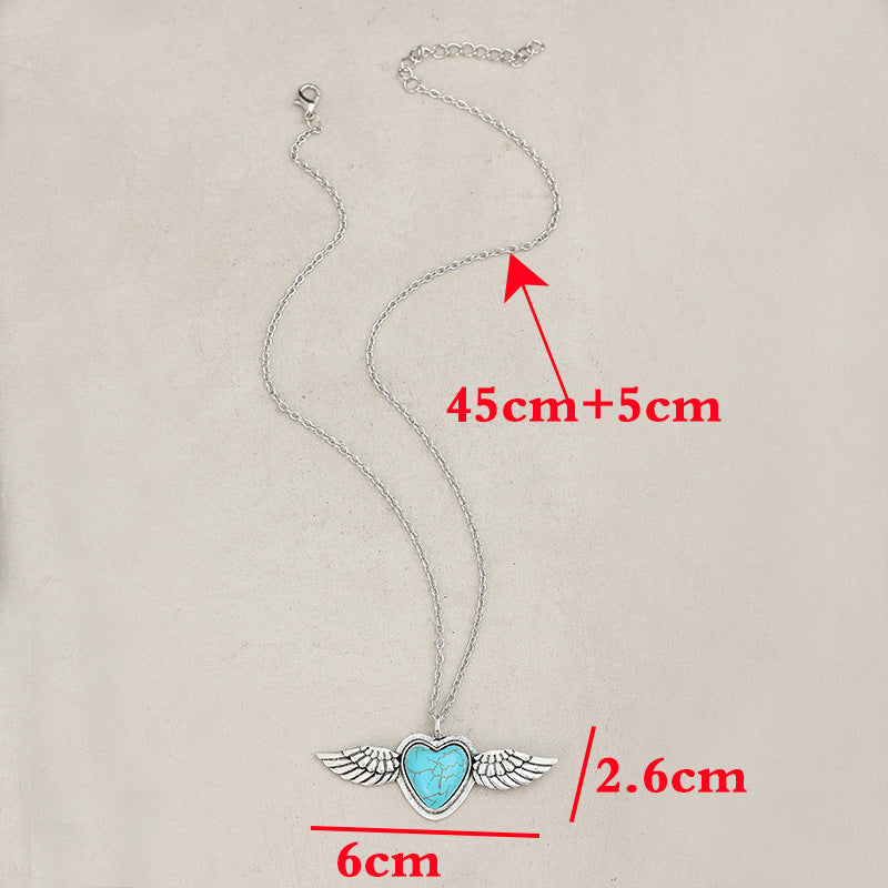 Wholesale Bohemian Retro Gothic Heart Turquoise Wings Alloy Pendant Necklaces