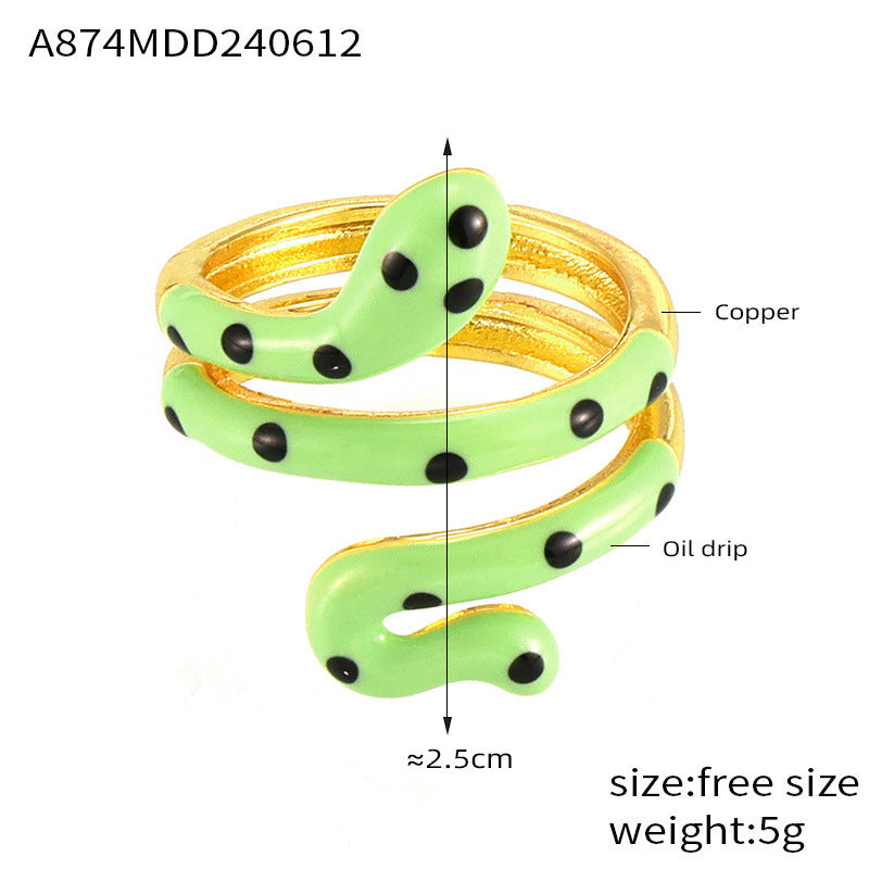 Wholesale Bohemian style color oil drop snake copper ring ins sweet cool hot girl open finger ring color retention in stock supply