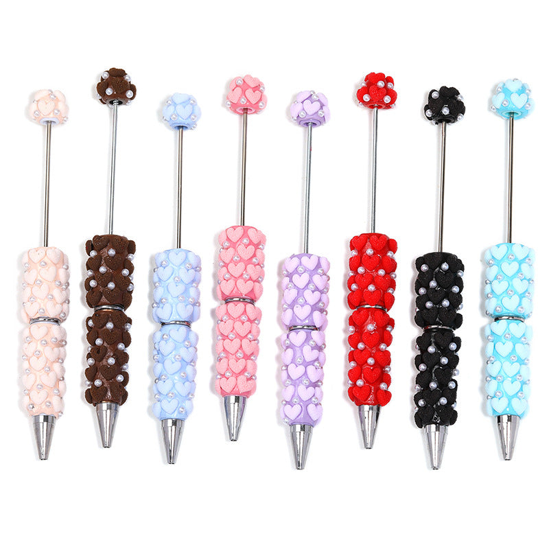 Wholesale 10pcs Colorful flocking heart-shaped pearl bead pen
