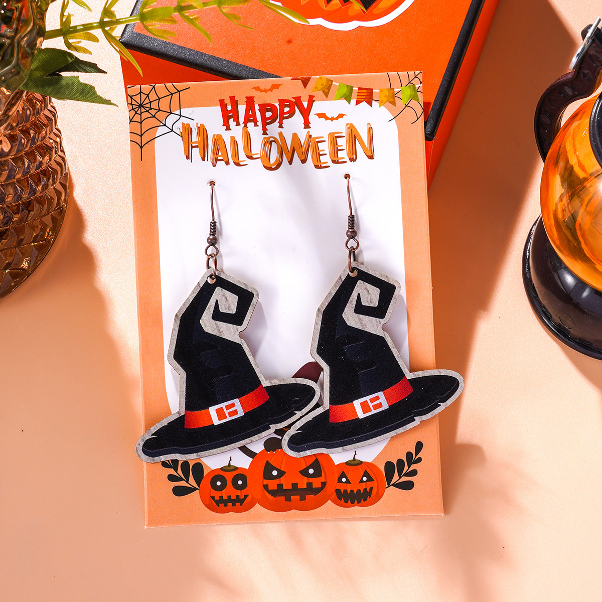Wholesale Halloween Theme Funny Creative Cartoon Wooden Pumpkin Spider Kitten Earrings