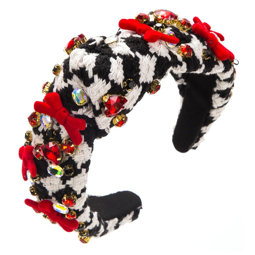 Wholesale Black and White Fabric Hand Sewn Glass Diamond Flower Valentine's Day Hair Bands