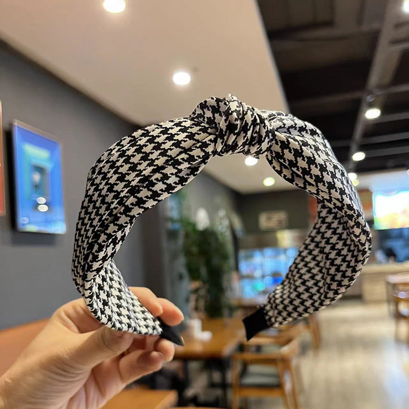 Wholesale Thousand Bird Grid Fabric Cross Knot Wide Edge Hair Hoops