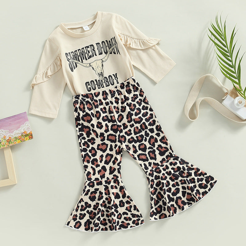 Wholesale Cotton Children's Flying Sleeve Top Leopard Print Bell Bottoms Two-piece Set