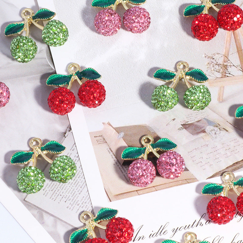 Wholesale 6PCS/Pack Full diamond cherry apple soft clay diamond ball straight hole beads wholesale DIY mobile phone key chain necklace bag chain accessories