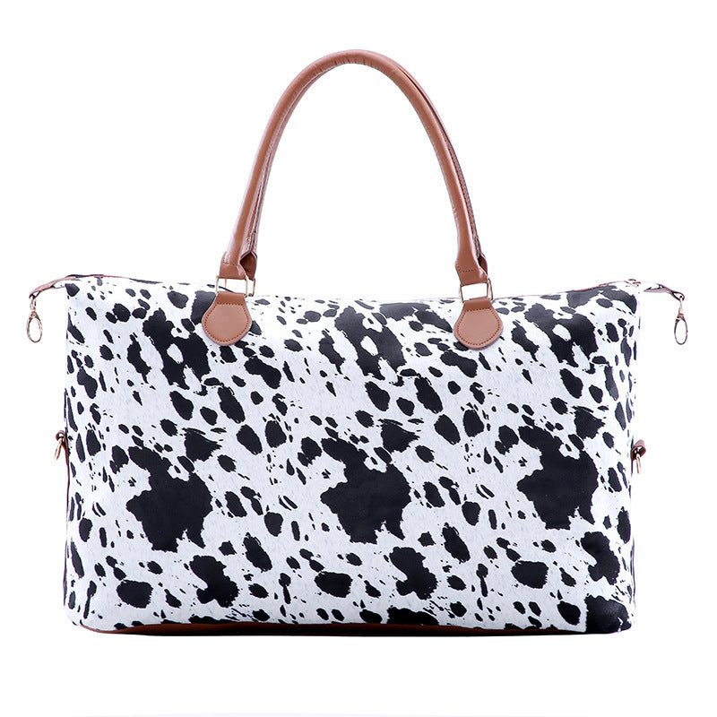 Wholesale Western Aztec Leopard Canvas Women's Portable Travel Shoulder Black and White Plaid Cow Bag