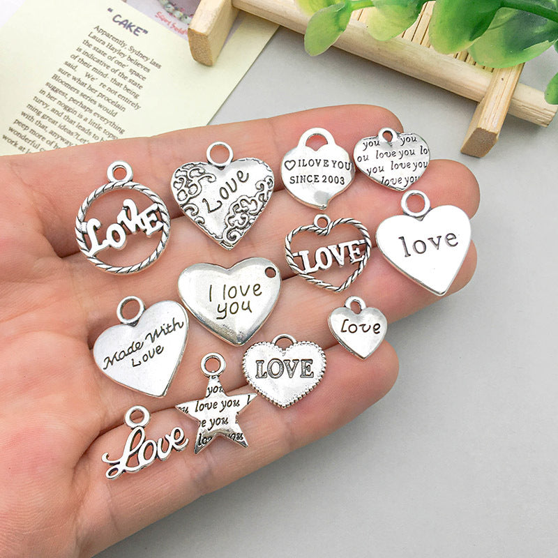 Wholesale 1 Antique Silver Alloy Simulation Heart-shaped English Letter DIY Pendant