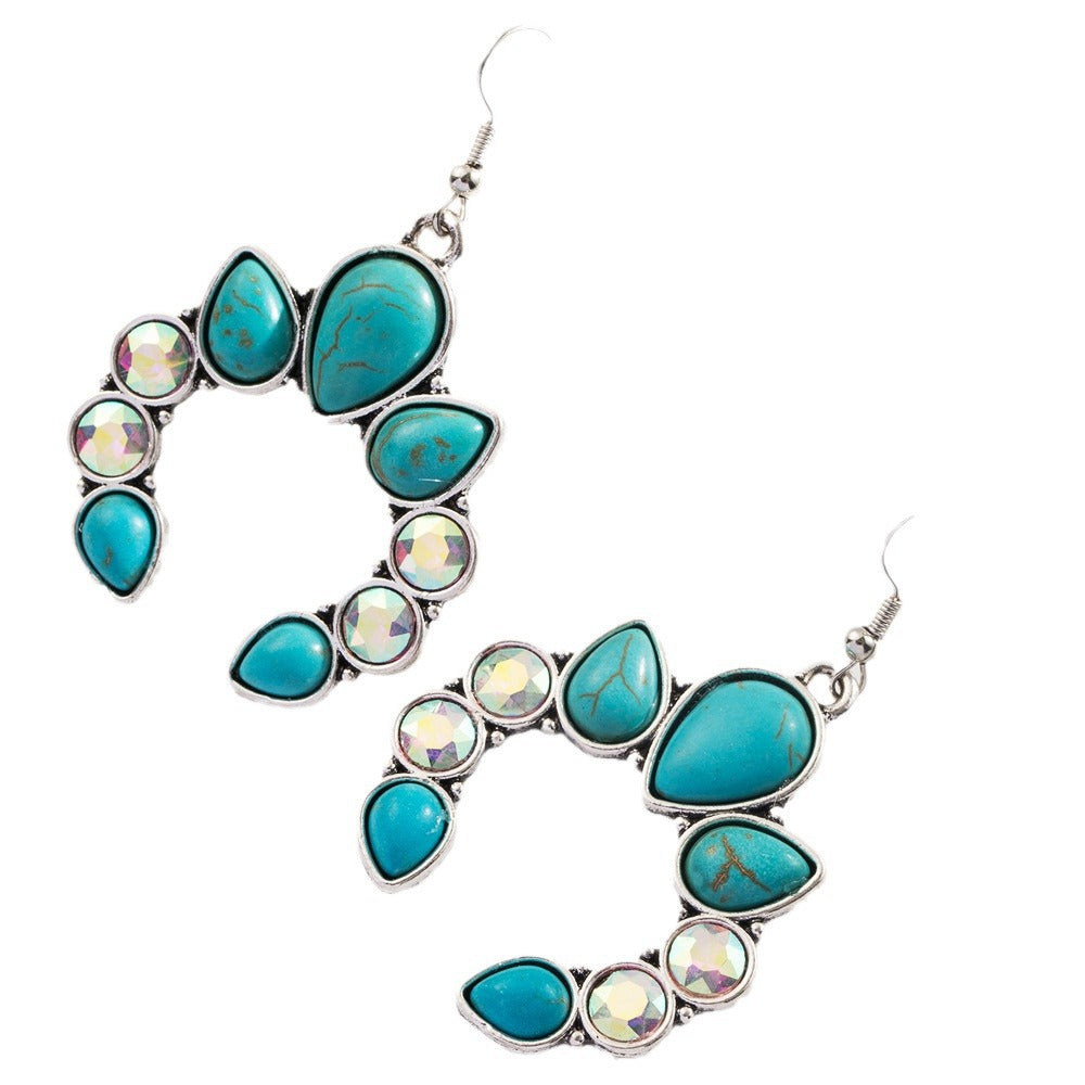 Wholesale Retro Geometric Creative Alloy Inlaid Turquoise Color Diamond Bohemian Earrings