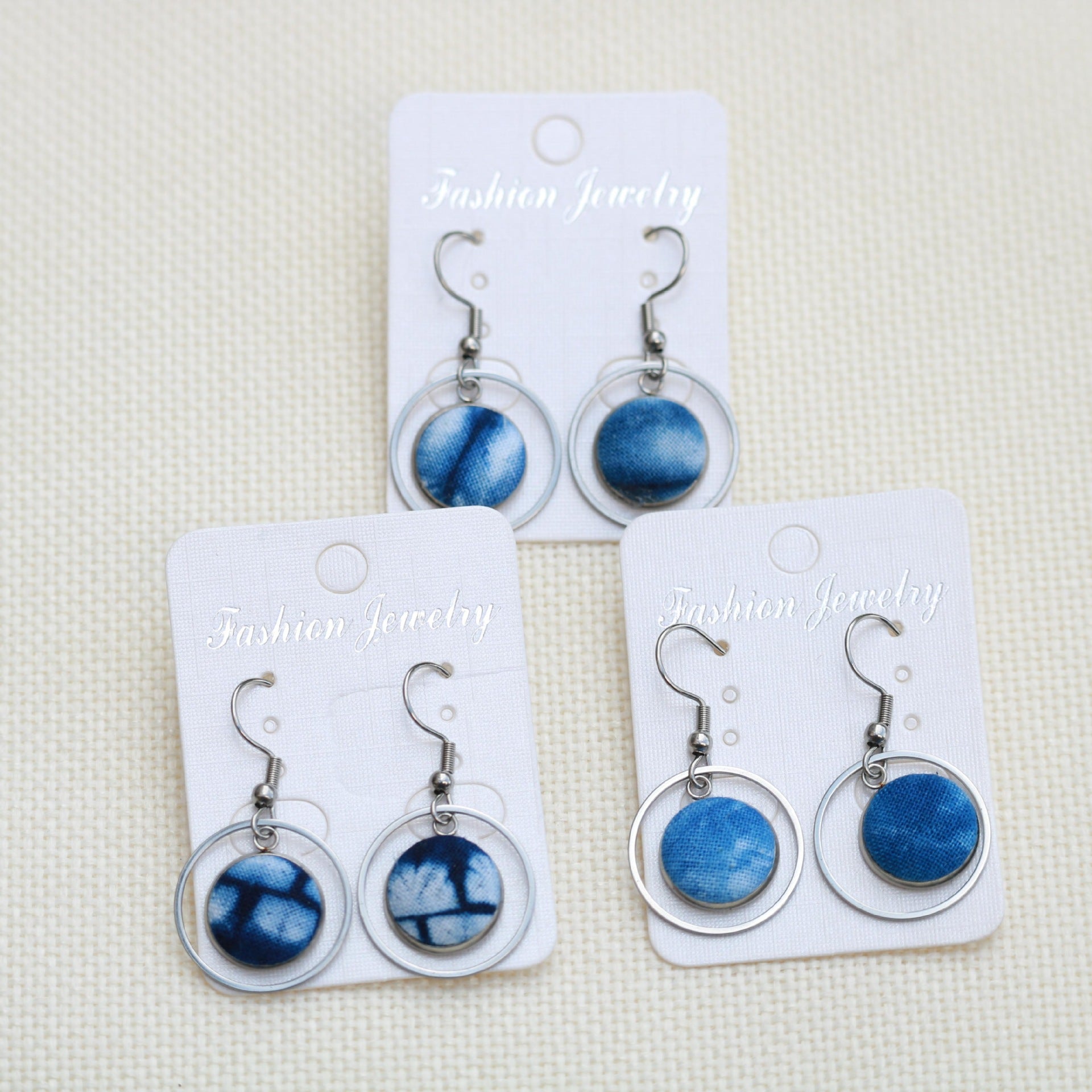 Wholesale Ethnic Style Earrings Tie-Dye Blue Dye Batik Hand-Woven Fabric Buckle Earrings Earrings