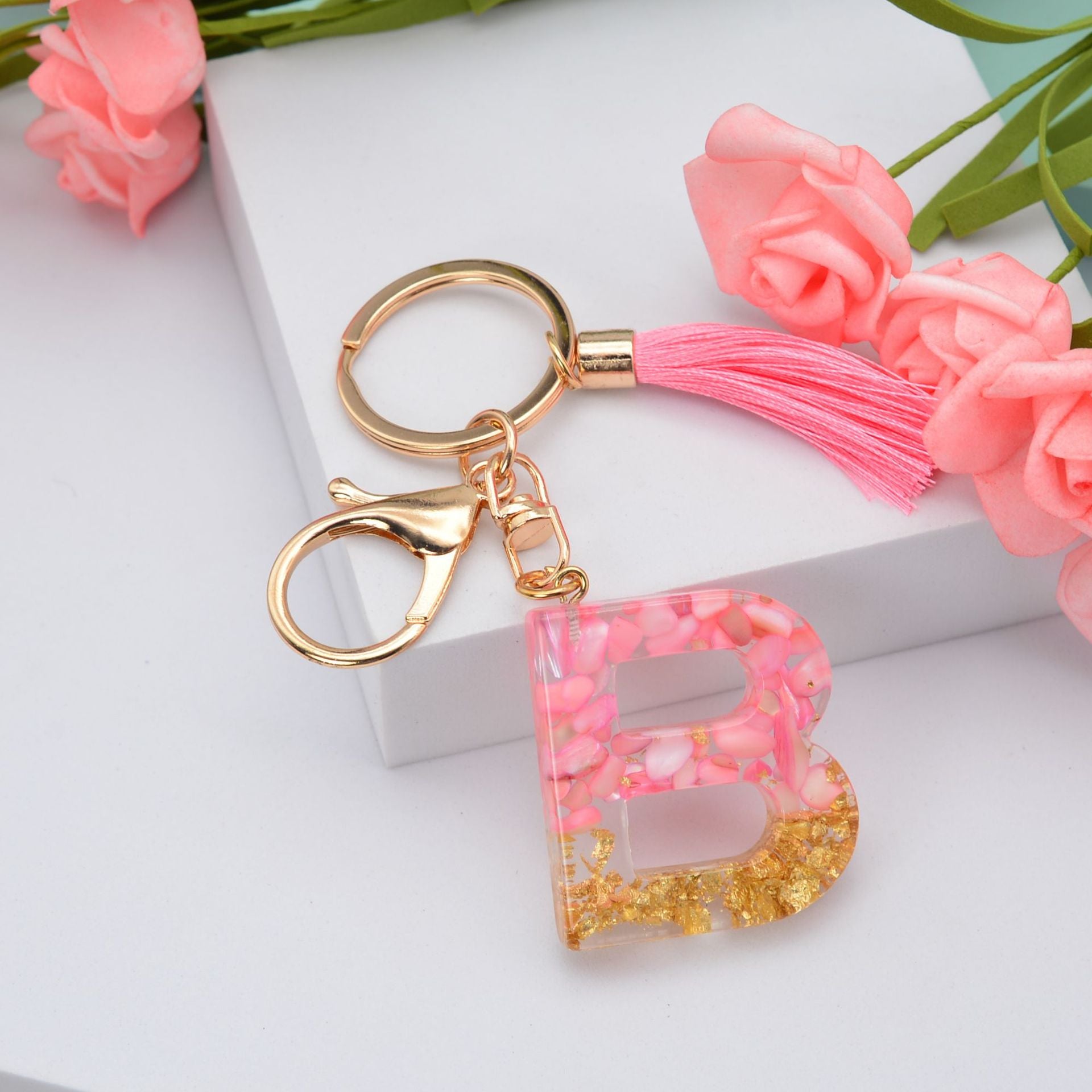 Wholesale Pink Tassel 26 Letter Crystal Resin Keychain