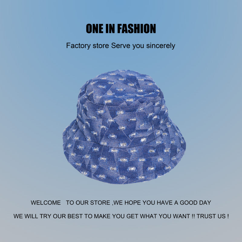 Wholesale Distressed Vintage Washed Denim Bucket Hat Versatile Sequined Diamond Hat