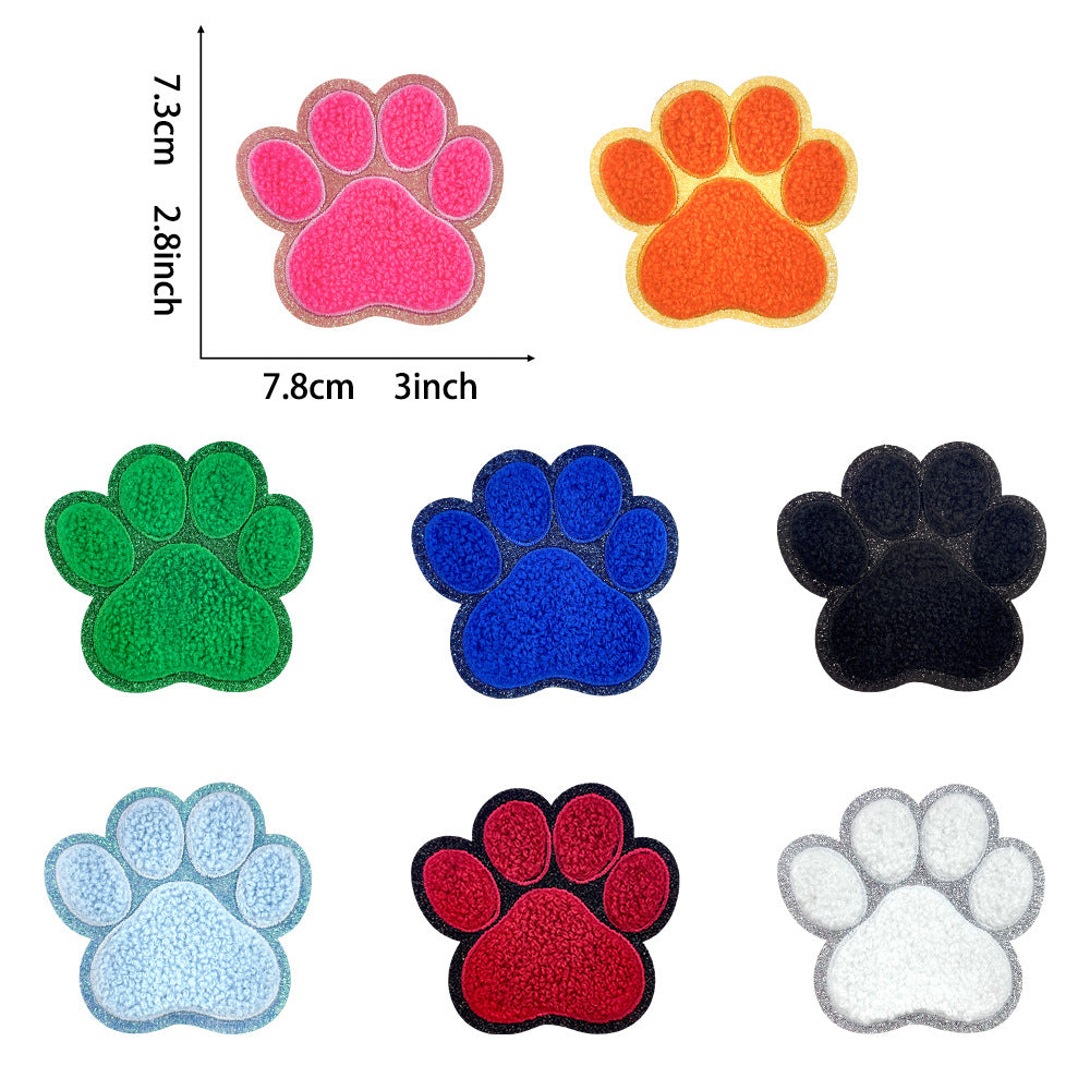 Wholesale Dog Paw Glitter Chenille Embroidered Patch Heat Activated DIY Applique For Shoes Hats And Pet Decor