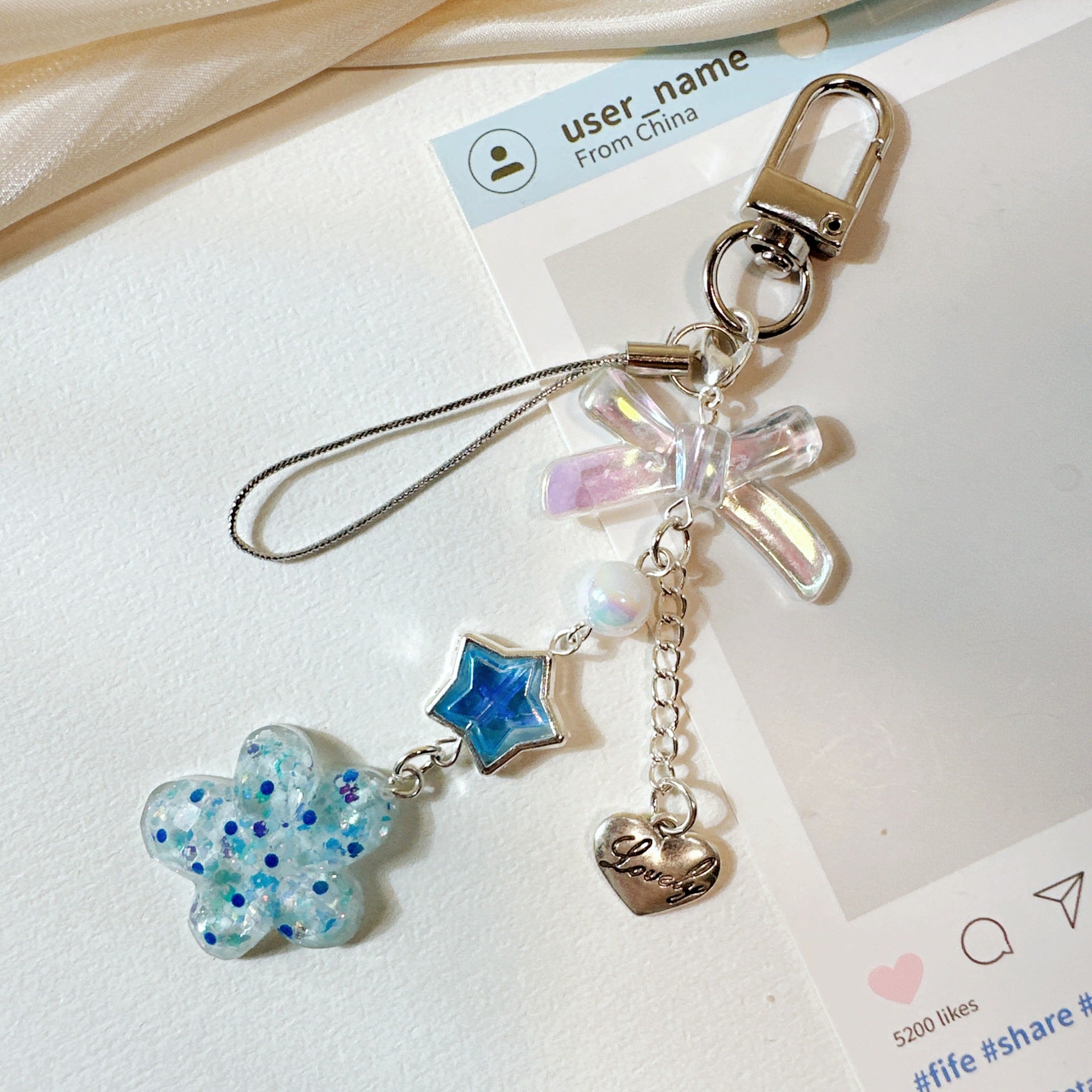 Wholesale Blue Sparkling Pink Love Flower Bow Keychain