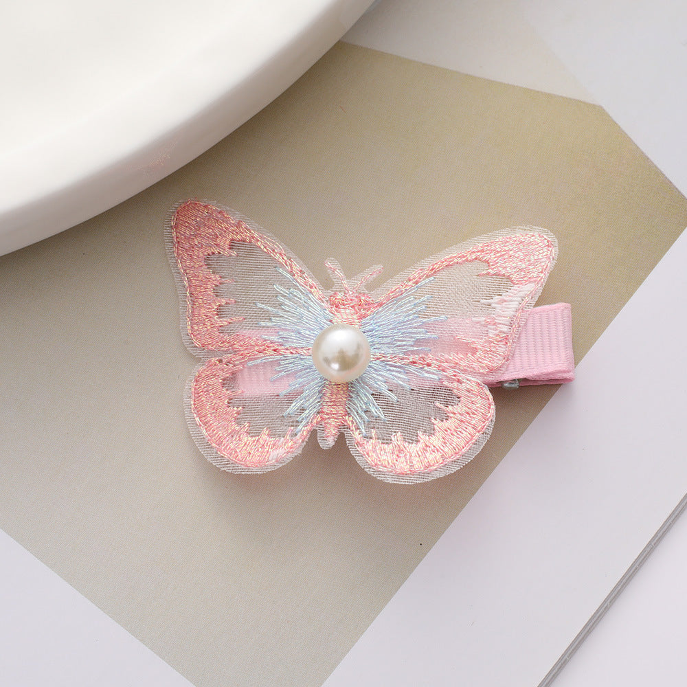 Wholesale fairy cute bangs clip phantom color double organza embroidery butterfly hair clip