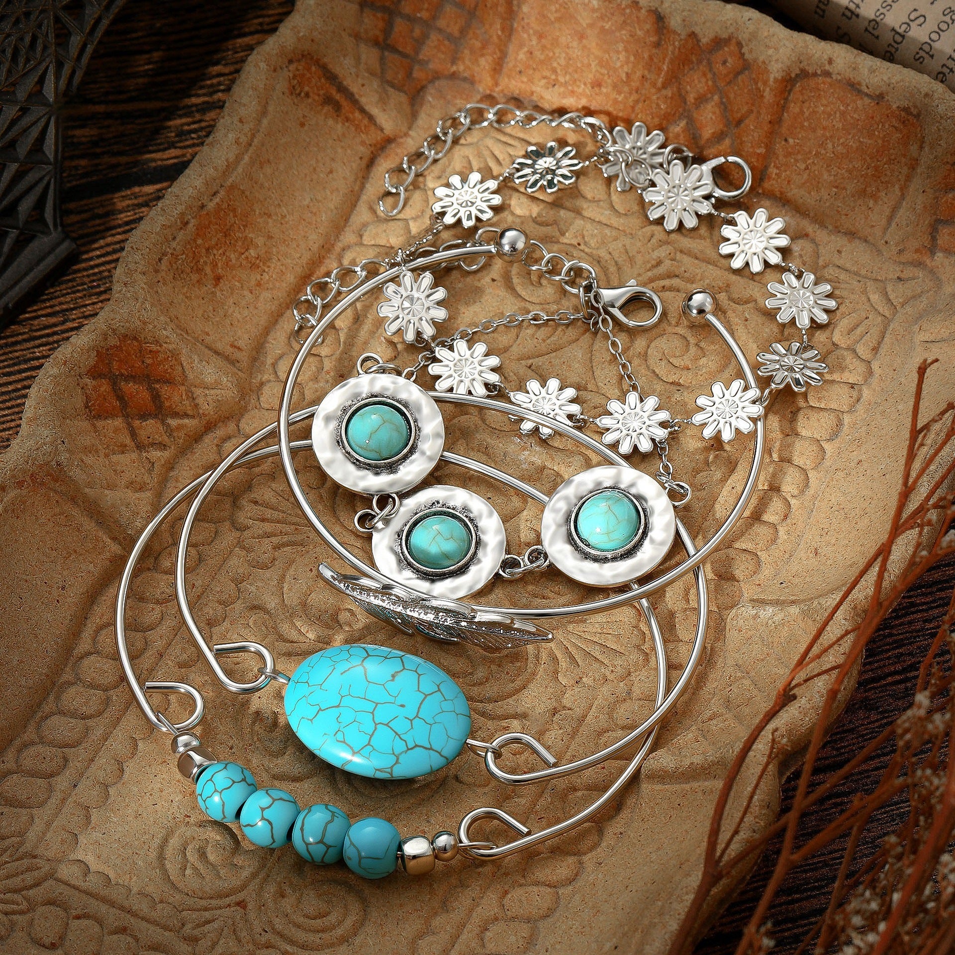 Wholesale Ethnic style turquoise feather flower bracelet