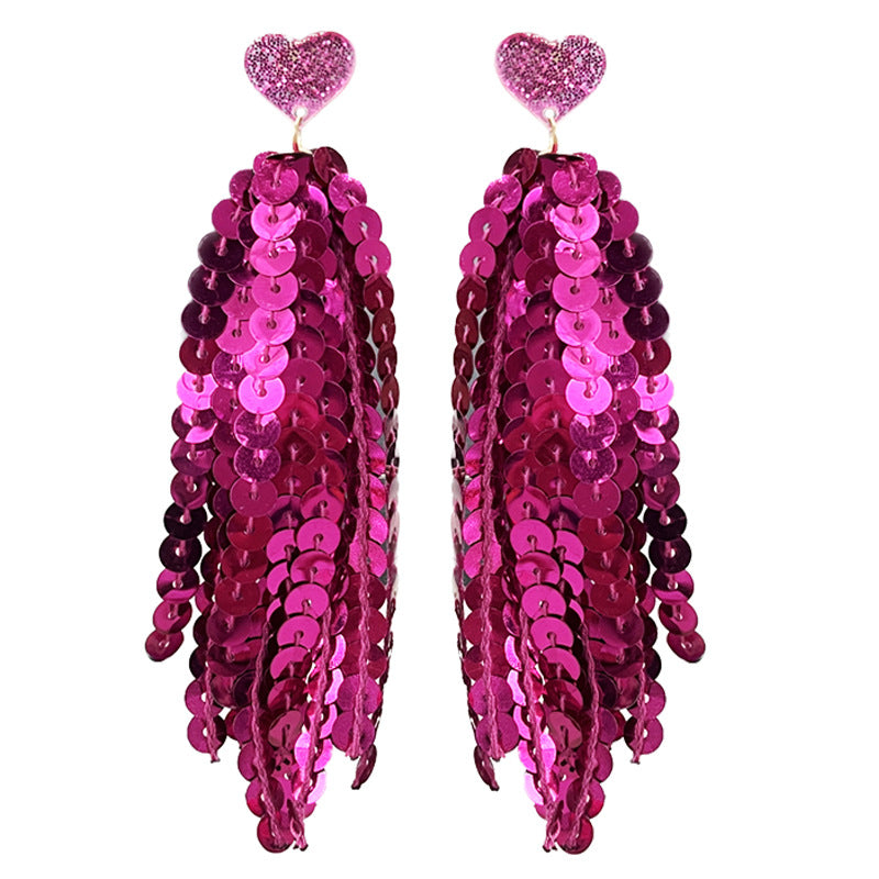 Wholesale   2pairs/pack Valentine' s Day Glitter Pink Love Tassel Atmosphere Earrings