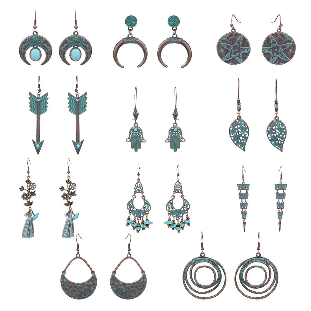 Wholesale Vintage Geometric Turquoise Tassel Earrings