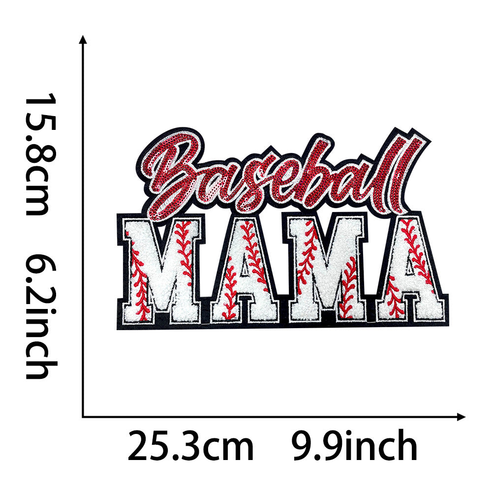 Wholesale Baseball Mama Sparkling Sequin Embroidered Patch Red Glue Backing Stylish Coat Decoration Fashion Sew On Accessory