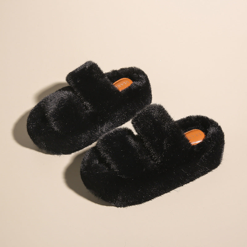 Wholesale 7CM thick-soled lining with velvet leather printing and outer fur mop plush winter slippers
