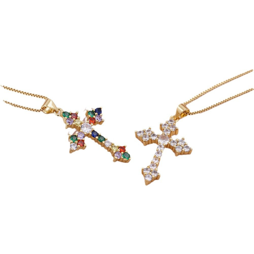 Wholesale Bohemian style colorful micro dense zircon cross pendant necklace