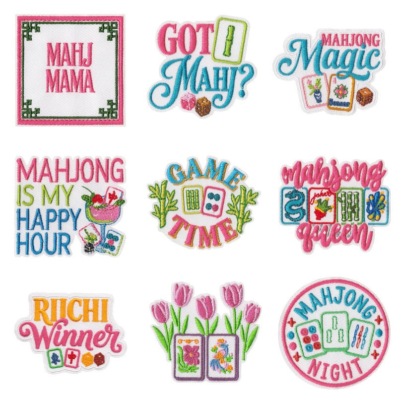 Wholesale Mahjong Embroidered Iron On Patches 9 Piece English Slogan Set For Outerwear DIY Boutique Gift