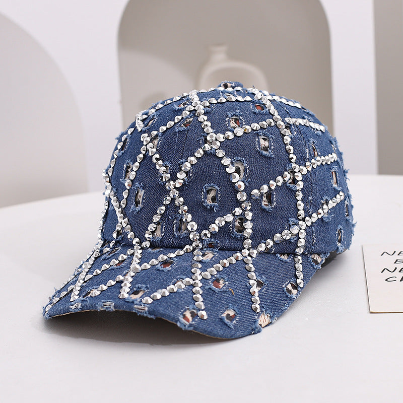 Wholesale Trendy Washed Denim Diamond Baseball Cap with Holes