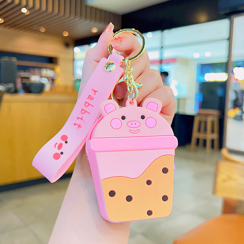 Wholesale Acrylic Cute Milk Tea Pig Silicone Coin Purse Keychain