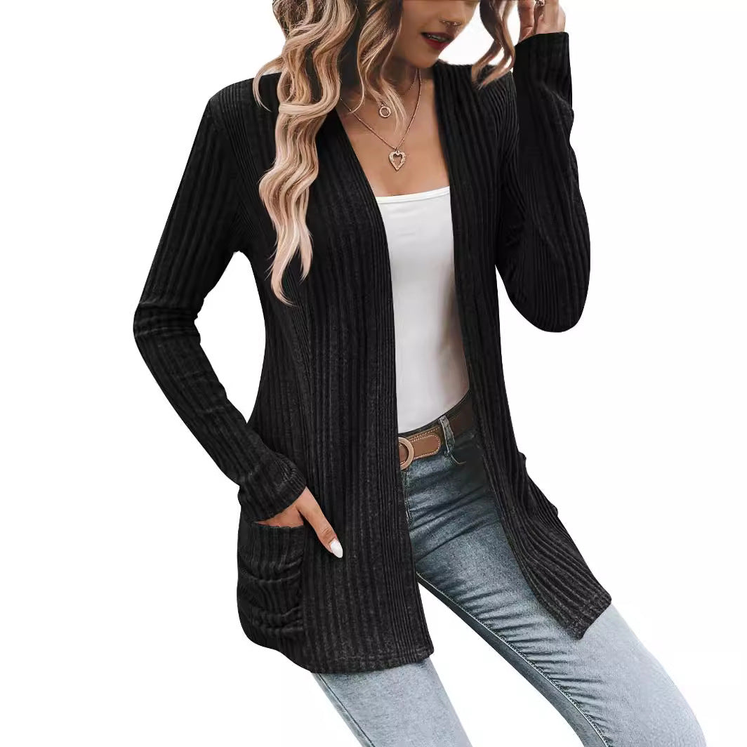 Wholesale Polyester European and American Autumn and Winter New Style Long-sleeved Solid Color Mid-length Knitted Cardigan Pocket Coat Sweater for Women
