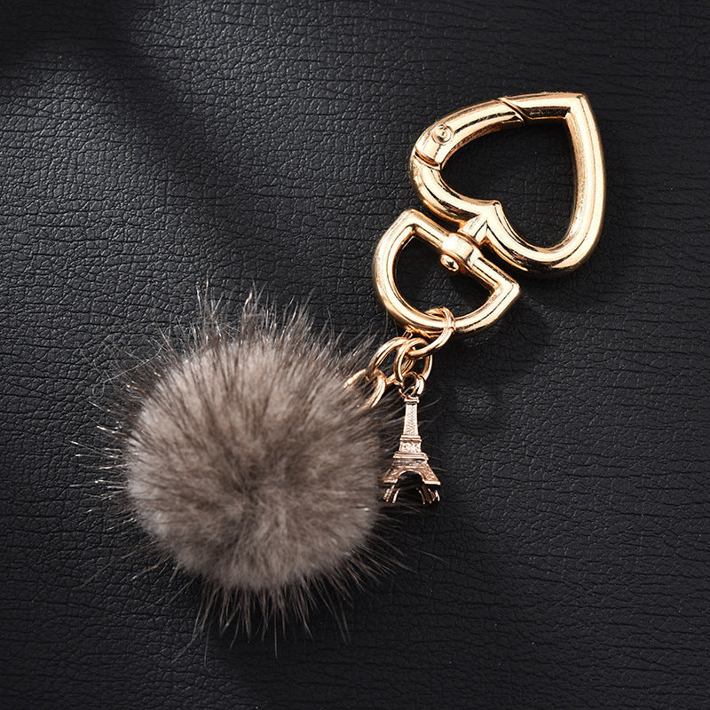Wholesale mink fur love keychain elegant fur small pendant fur ball alloy love keychain