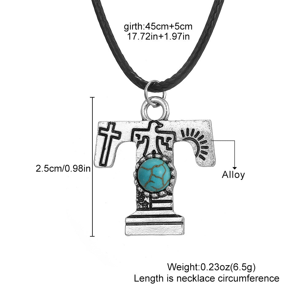 Wholesale English letter necklace western style cactus sunflower turquoise chain
