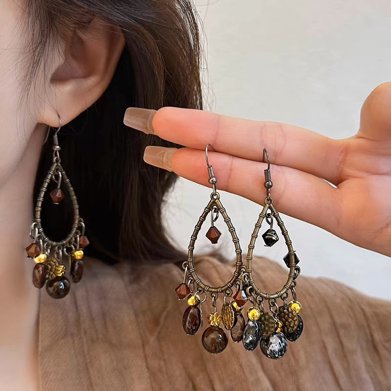 Wholesale Beaded tassel hollow water droplet Bohemian long earrings