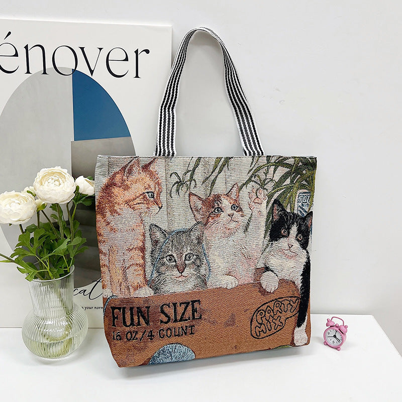 Wholesale Vintage Embroidered Cat Puppy Canvas Bag