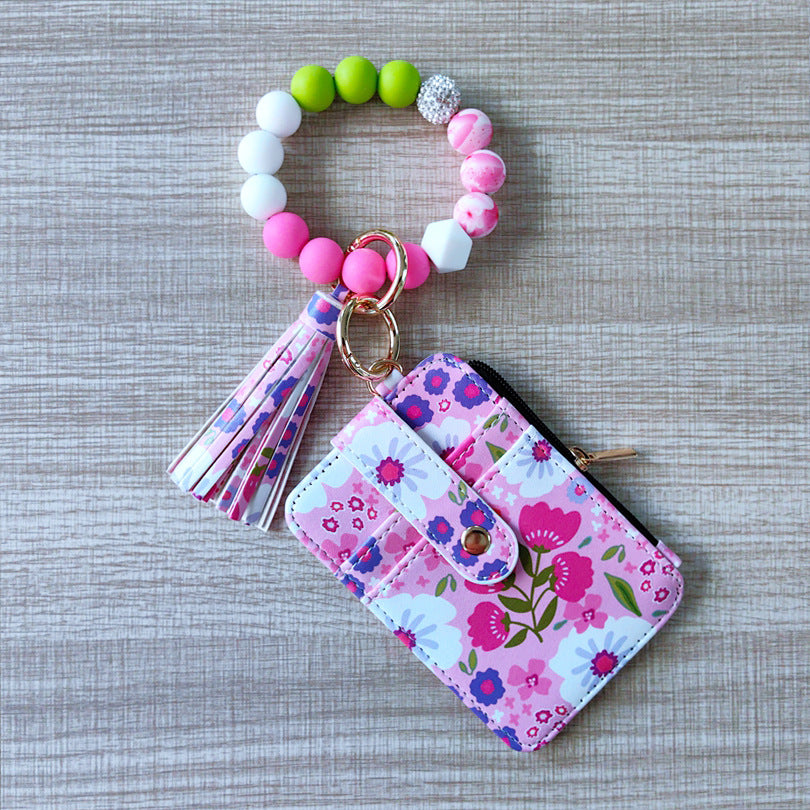 Wholesale  Bracelet Keychain Card Bag Pu Flower Wallet Keychains