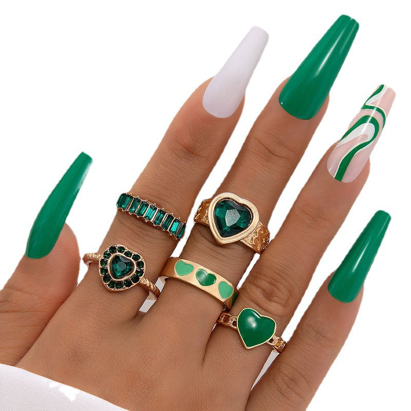 Wholesale Emerald Diamond Love Palm Alloy Ring Set