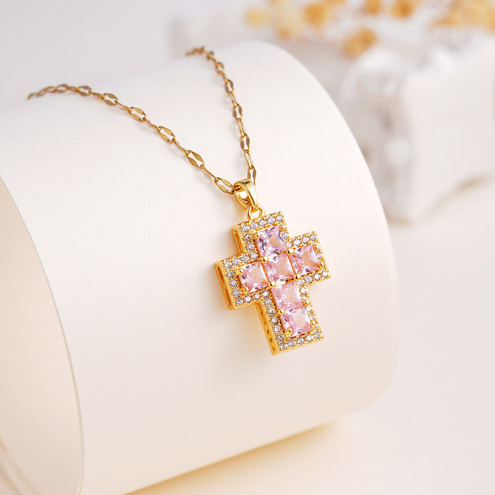Wholesale copper inlaid colorful zircon cross pendant necklace